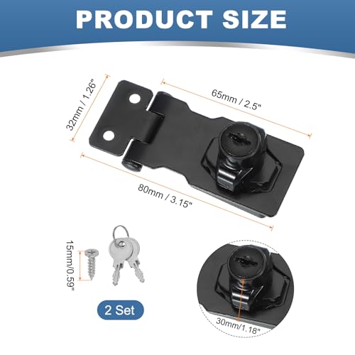 Image of MECCANIXITY Twist Knob Keyed Hasp Locks Safety Packlock Clasp Hasp Latches with Keys & Screws 2.5 Inch for Window Barn Drawer Cabinet Garage Small Doors (Pack of 2, Black)