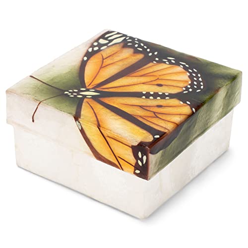 Cottage Garden Hand Painted Iridescent Capiz Shell Square 3 X 3 Inch Keepsake Decorative Memory Trinket Jewelry Ring Earring Necklace Organizer Vintage Box With Lid, Yellow Monarch Butterfly #TOP18