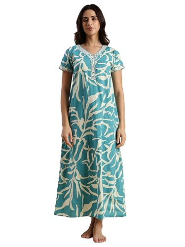 Image of 9shines Label Stylish Pure Cotton Nighty Maxi for Women | Embroidery Neckline Nightgown | A-Line Nightdress with Pocket | Floral Night Gown| Soft Comfortable Cotton Sleepwear (Cotton Yoke)