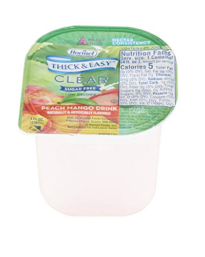 Hormel Healthlabs Thick and Easy Thickened Nectar Consistency Clear Peach Mango Drink, 4 Ounce -- 24 per case.