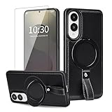 Picture of Butaiga for Samsung Galaxy S25 Edge Leather Case with Stand, Anti-Slip Grip Ring, Fits for MagSafe (Black, S25 Edge-6.7inch)