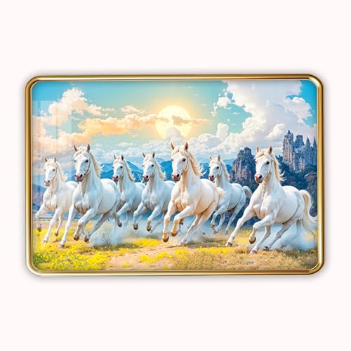 Image of Dharvika Innovations 7 Running Horses Photo Frame, Ultra High Gloss Lamination, Vastu Painting for Living Room, Office, 12x18 Inch (Design 16)