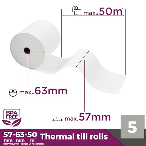 Thermorollen 57mm x 50m x 12mm - Kassenrollen - Bonrollen für Registrierkasse mit Bondrucker - Thermopapier für Kassensysteme – BPA Frei (57-58x63x12) (5 Rollen)