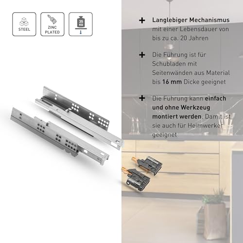 GTV - Unterflurführungen 1 Paar Schubladenauszüge mit Soft Close System - Schubladenschienen Selbsteinzug - Modern Slide mit Dämpfung, Vollauszug, 300 mm, Belastbar bis 35 Kg