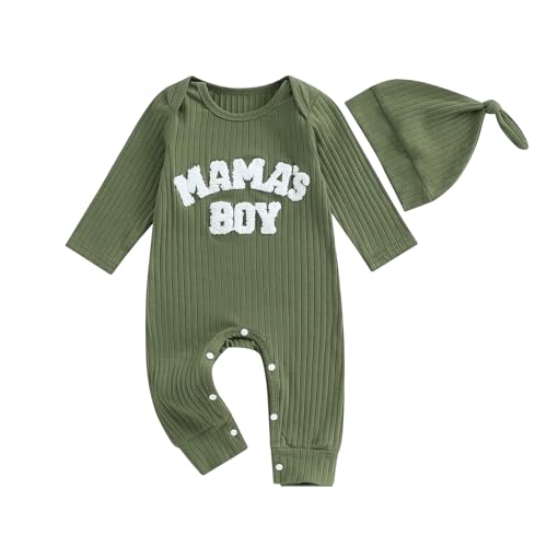 Image of Mandizy Infant Baby Boy Romper Coming Home Outfit Long Sleeve Letter Embroidered Jumpsuit Hat 2Pcs Ribbed Knitted Clothes Set