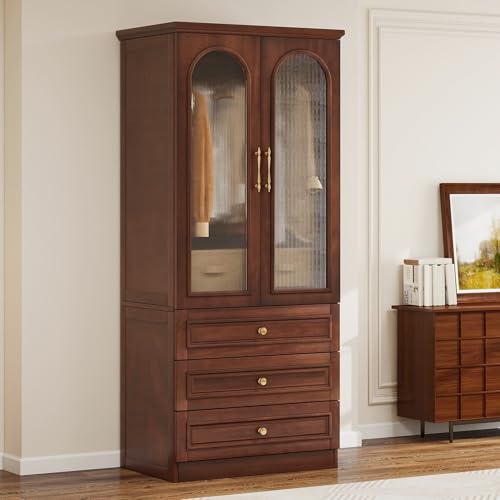 Solid Wood Wardrobe with Drawers and Hanging Rod