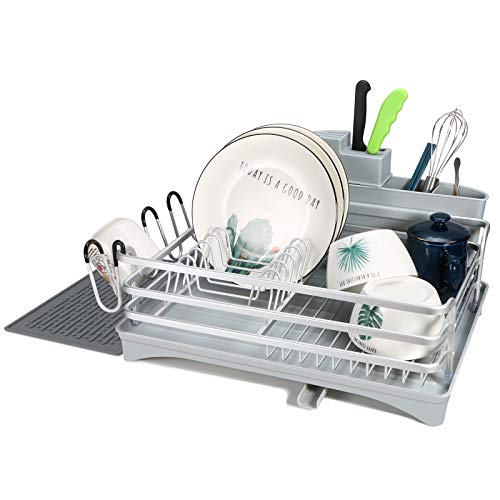 TBMax Dish Drying Rack with Drainer Tray, Rust-Free Aluminum Sink Dish Drainer Drying Rack with Utensil Holder for Kitchen Countertop -Silver