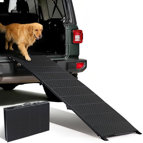 71 Extra Long Dog Ramp for Large Dogs Heavy Duty Metal Frame Pet Ramp for High SUVs Trucks and Cars Portable Folding Travel Dog Ramps with Safety Latch Supports up to 350lbs