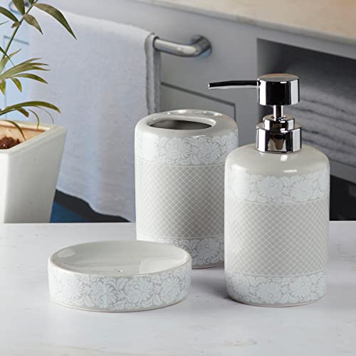 Image of SaSaSa Ceramic Bathroom Set of 3 Modern Bath Accessories Kit with Soap Dispenser, Toothbrush Holder & Dish - Stylish & Elegant Bathroom Decor, Grey /White (5766)