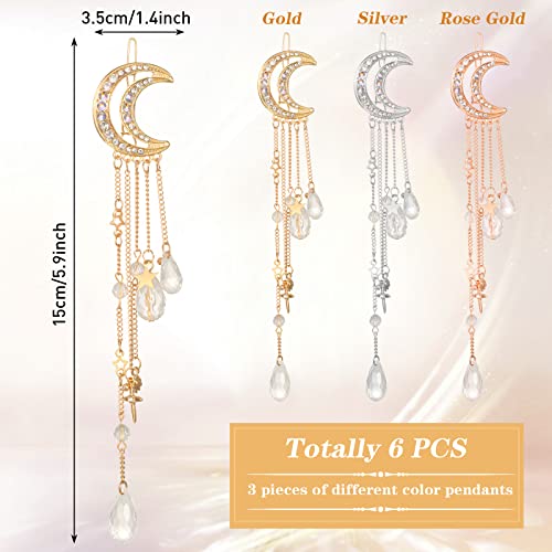 6 Pcs Moon Crystal Rhinestone Beads Dangle Hairpin Moon Hair Accessories Moon Barrette Star Tassel Hair Clip With Crystal Beads Charms Hair Chain Jewelry For Women Girl Bridal, Silver, Gold, Rose Gold #TOP1