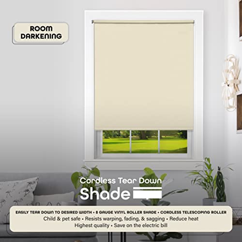 Cordless Tear Down Room Darkening Shade - 37 Inch Width, 72 Inch Length - Ivory - Cord-Free Customizable Light Filtering Horizontal Mini Vinyl Windows Blinds For Interior By Achim Home Decor #TOP1