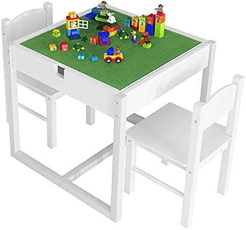 4NM 2 in 1 Kids Activity Table and 2 Chairs Set with Hidden Storage Compartment, Wood Play Building Block Table for Toddlers Children (White)