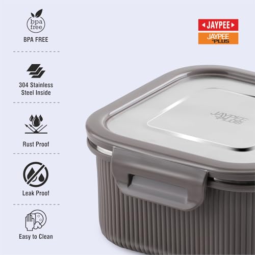 Image of Jaypee Plus Ultima Micro Seal Microwave Safe Air Tight Food Storage Container 800 ml Inner Stainless Steel Rib Design Spillproof Lunch Box for School, Office, Ideal for Snacks and Meal,Mirror Grey