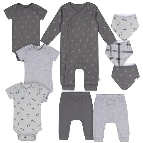 Gerber Unisex Baby 9-Piece Baby Gift Set for Newborn Boys & Girls – Premium Cotton Baby Shower| Bodysuit, Coverall, Bibs, & Pants, Buffalo, 6-9 Months