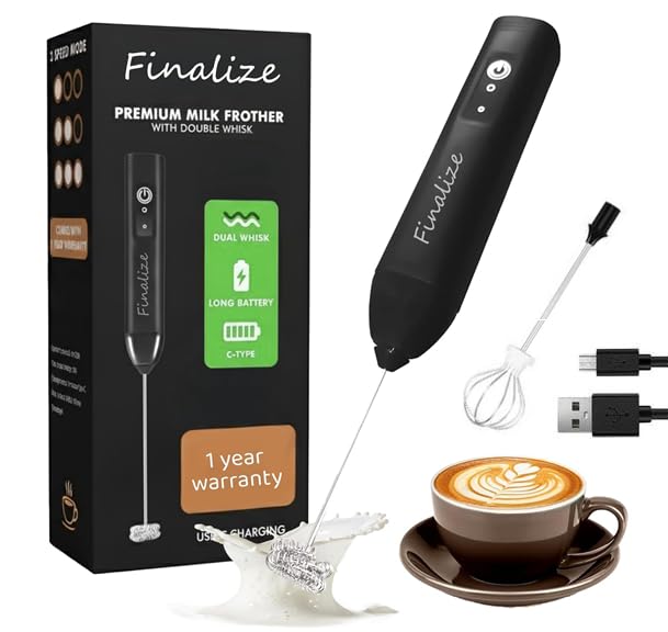 FINALIZE Coffee Frother Electric Rechargeable Coffee Maker Machine for Home Electric Coffee Frother Machine & Milk Whisker with Dual Spring Tech (Multi-Black-White)