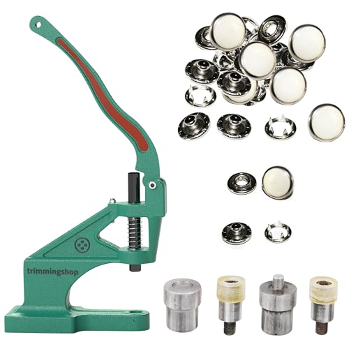 Trimming Shop 100 Set 9.5mm Pearl White Snaps Fasteners Poppers No Sew Metal Press Studs Button with Fixing Die Set & Universal The Green Machine Hand Press for Western Shirt Clothing Bags, DIY Crafts