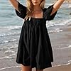 Women Y2k Puff Sleeve Mini Dress Square Neck Flowy Sundress Backless Ruffle A Line Babydoll Dress Summer Dresses Black #1