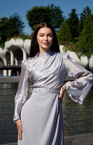 Satin Midi Dress for Women Long Sleeve High Neck Empire Waist Formal Gown Hijab Friendly Elegant Wear Flared Cuffs3