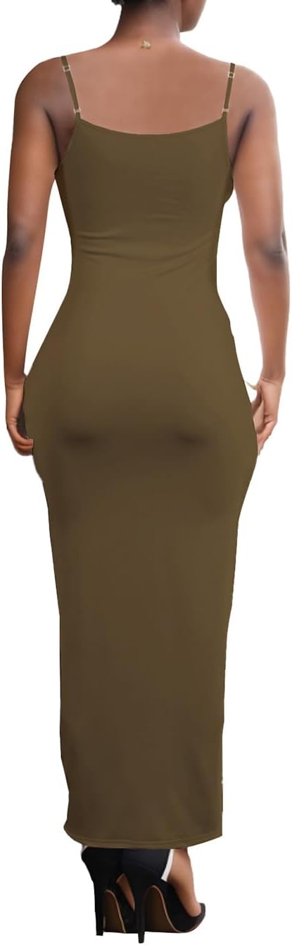 PINSV Women's Bodycon Long Slip Dress Spaghetti Strap Summer Maxi Dress Modern Casual Sundress Coffee XXL - Image 4