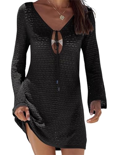 Image of SANSIWU Women's Tie Front Crochet Cover Up Short Dress Flared Long Sleeves Hollow Out Beachwear Summer Semi Sheer Bathing Suit (A-Black, M)