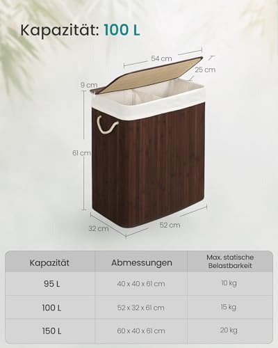 SONGMICS Wäschekorb 2 Fächer, 100 L Wäschesammler mit Deckel, Wäschebox Bambus, mit Griffen, faltbar, Wäschesack herausnehmbar maschinenwaschbar, Waschküche, braun LCB72Z