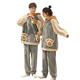 [cnstone] ペアパジャマ 冬 レディース メンズ 長袖 ルームウェア カップルパジャマ ペアルック お揃い 部屋着 もこもこ 上下セット フード付き 可愛い 厚手 暖かい 寝巻き 結婚祝い 誕生日 クリスマス プレゼント (Y91109, 女性L+男性3XL)