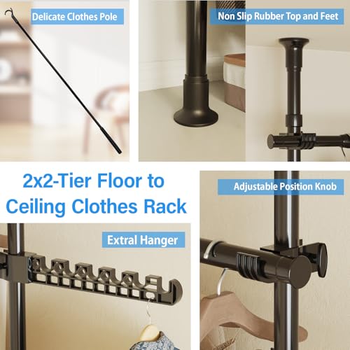 Barlezy 2x2-Tier Floor to Ceiling Clothes Rack, Adjustable Height Clothing Hanging Rack w/Clothing Pole, Floor to Ceiling Heavy Duty Garment Rack, Clothing Hanger Tension Rod Wardrobe Storage, Black by Barlezy - Image 3