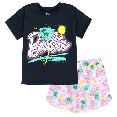 Barbie Little Girls T-Shirt and French Terry Dolphin Shorts Outfit Set Logo Pink/Black/Graffiti 7-8