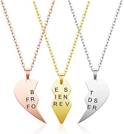 PiercingJak 3pcs Personalized Best Friends Forever BFF Necklace Stainless Steel Engraved Puzzle Heart Friendship Pendant Custom Name Matching Heart Necklaces Gift Set
