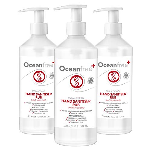 80% Alcohol Hand Sanitiser Liquid Rub - 3x 500ml Pump Bottle - Certified Surgical/Medical Grade - Made in the UK (Pack of 3)