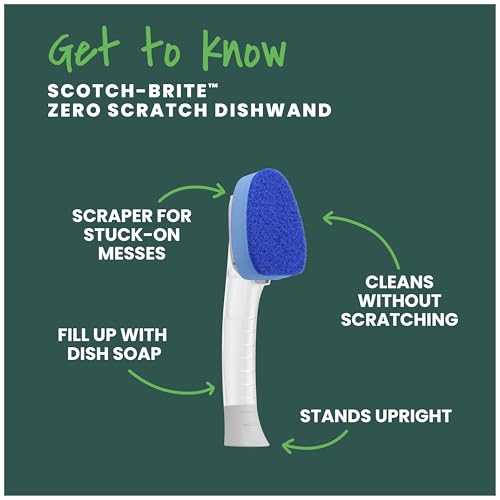 Scotch-Brite Zero Scratch Dishwand, Dishwasher-Safe Scrub Wand with Built-in Scraper, Gentle Scrubbing Power, Stands Upright, 1 Pack