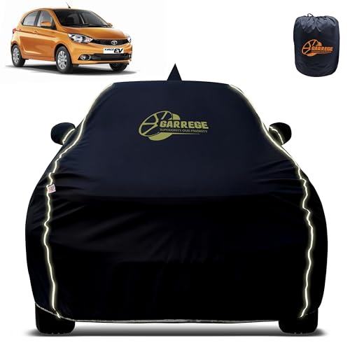 Image of Reflector Waterproof Car Cover for Tata Tiago Ev with Mirror & Front Antenna Pocket | All Weather Protection | Washable Fabric | Black Color