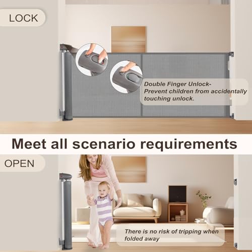 Brvclon 34\" H×70/90/140/200\" W Retractable Baby Gates Extra Wide,Dog/Cat/Baby Gate for Indoor Stairs Our Outdoor, Pet Doors for Doorways with Support Poles, Mesh Baby Gate Extra Wide for Deck