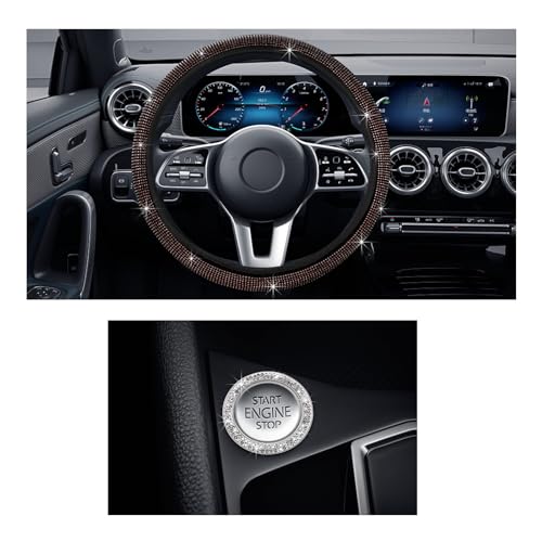 Ziciner Bling Car Steering Wheel Cover, Crystal Glitter Rhinestone Wheel Protector for Vehicle, Universal Automotive Interior Decorative Accessories with Start Button Starter Ring (Champagne)