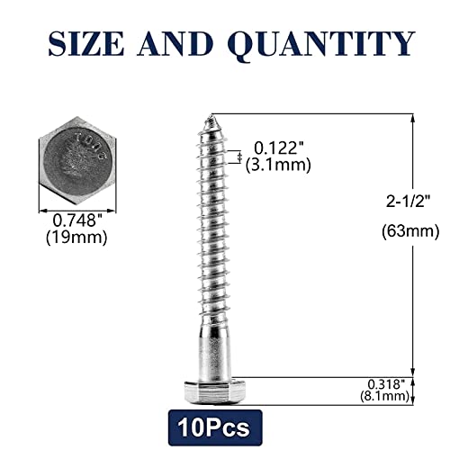Image of 1 /2 inch x 2-1 /2 inch Hex Head Lag Screws Bolts 10Pcs 304 Stainless Steel 18-8, Partial Thread, Hexagon Head Wood Screws by SG TZH