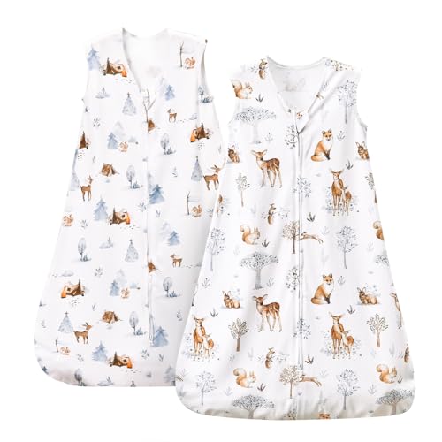 Image of PHF 100% Cotton Baby Sleep Sack, 2-Way Zipper Baby Wearable Blanket, 6-12 Months TOG 0.5 Toddler Sleeping Sack, 2 Pack Sleeveless Soft Sleeping Bags for Baby Boys Girls, Medium, Woodland