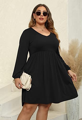 Nemidor Womens V Neck Long Puff Sleeve Plus Size Casual Flowy Swing Dress With Pocket Nem321(18,Black) #TOP4