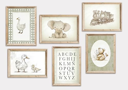 6Pcs Sage Green Nursery Unframed Canvas Wall Art, Vintage Cute Animal Decor