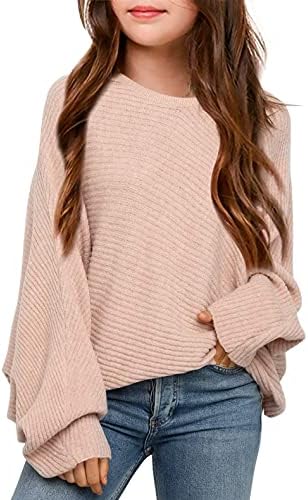 Mafulus Girl's Oversized Crewneck Sweaters Kids Batwing Long Sleeve Slouchy Chunky Cute Knit Pullover Jumper 5-14T Nude