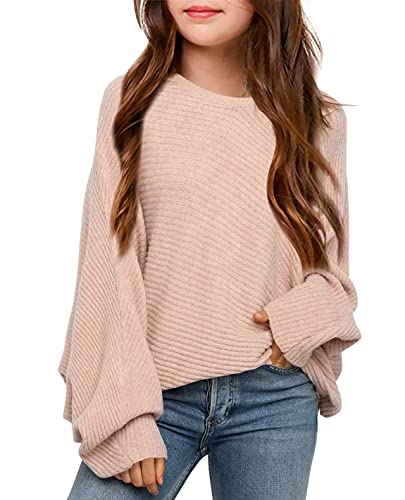 Mafulus Girl's Oversized Crewneck Sweaters Kids Batwing Long Sleeve Slouchy Chunky Cute Knit Pullover Jumper 5-14T Nude #TOP7