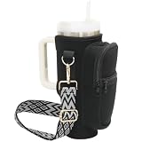 Water Bottle Holder with Strap for Stanley Cup 40 oz Tumbler with Handle, Super Large Capacity Pocket, Water Bottle Carrier Bag with Phone Pocket for Stanley Cup Accessories (Black)