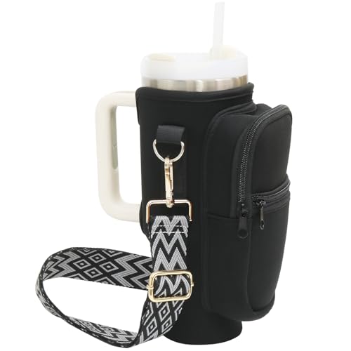 Water Bottle Holder with Strap for Stanley Cup 40 oz Tumbler with Handle, Super Large Capacity Pocket, Water Bottle Carrier Bag with Phone Pocket for Stanley Cup Accessories (Black)