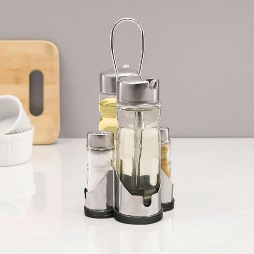 Conjunto Galheteiro com 4 Peças Cromado e Frasco de Vidro acompanha Suporte