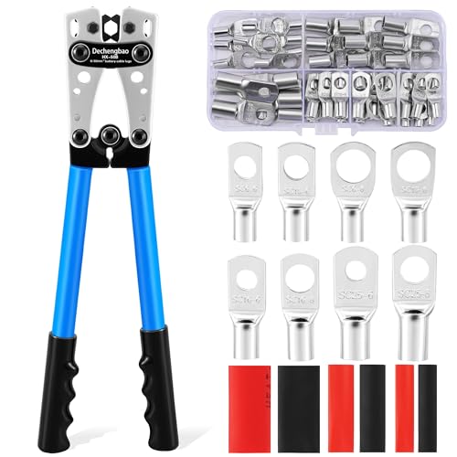HX-50B Battery Cable Lug Crimping Tools Hand Electrician Pliers for Crimping Wire Cable from 6-50mm²(AWG 8-1/0) with Thickened and Reinforced the Metal Plate (HX50B Crmper +60PCSTerminals)