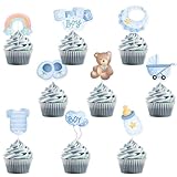 18 Piezas Topper para Tarta Baby Shower | Decoraciones para Tarta Baby Shower | Topper Cupcake Niño Oso Arcoíris para Fiesta de Cumpleaños Azul
