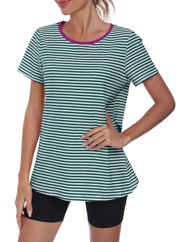 Kimmery Striped Open Back Workout Tops for Women Breathable Short Sleeve Athletic Shirts with Asymmetric Hem for Gym & Yoga Green Stripe XL — view 2