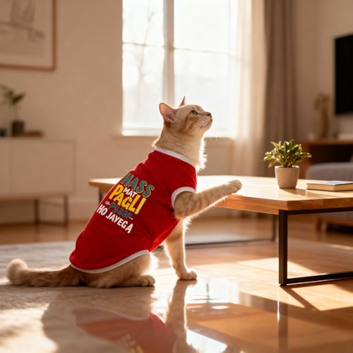 Image of JoyDaog Cozy Dog Winter Coat Red Color 10 Inch (XXS)- inchAttitude Mera Khandani Hai inch Printed Soft Cotton Trendy Apparel for Cat, Kittens, Puppy & Toy Breeds I Indoor & Outdoor