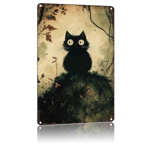 Funny Vintage Black Cat 8x12 Inch Aluminum Metal Sign, Retro Whimsical Rustic Art, Farmhouse Decor, Wall Decor for Man Cave Garage Bathroom Kitchen