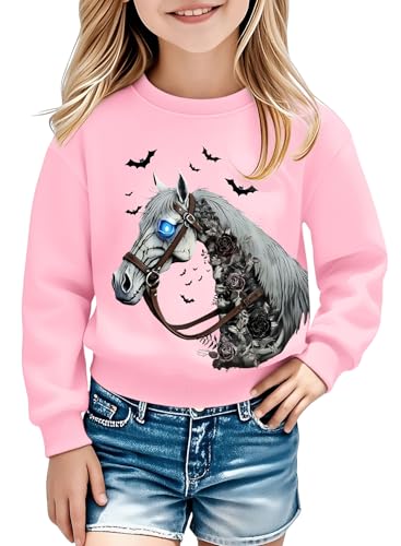 Toddler Girl Halloween Sweatshirt - Kid Spooky Season Western Country Top Horse Skeleton Shirt Rodeo Cowgirl Outfit(Pink,130,1540Pb)