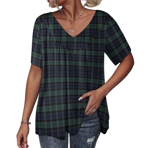 Image of Scottish Blue-Green Plaid Womens V Neck T Shirts Loose Fit Short Sleeve Summer Tops Casual Tees Blouses L